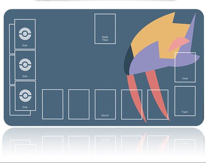 Pokémon-themed game mat with a stylized character and compartmentalization on a blue background.