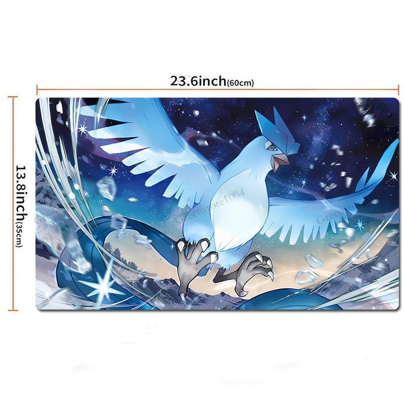 A rectangular printed mat or poster featuring a blue bird-like Pokémon in a snowy night scene, with dimension labels showing 23.6 inches by 13.
