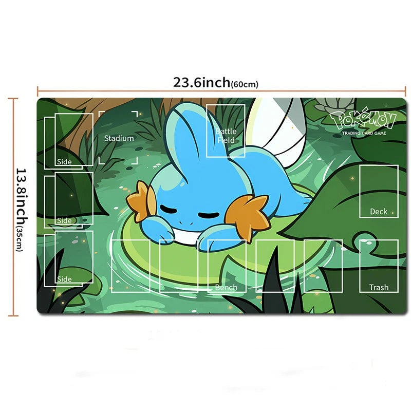 A Pokémon-themed rectangular playmat shown on a white background with dimension labels. The mat features a blue water-type character with orange accents in a green forest scene, with outlined zones labeled Stadium, Battle Field, Deck, Trash, and Side.