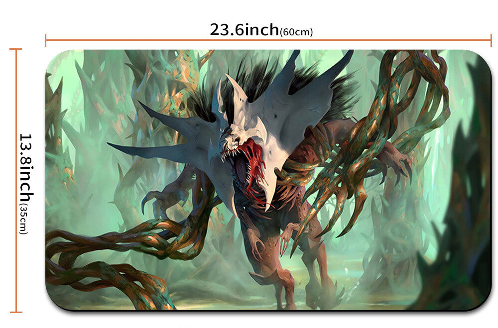 Large mouse pad with fantasy creature design and measurements, featuring a drawstring bag.