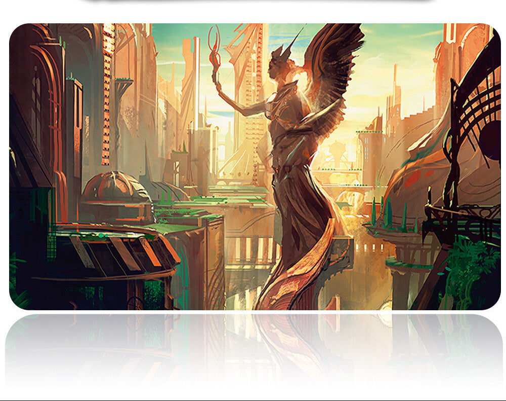 Futuristic cityscape with a winged figure and a stylus on a white background