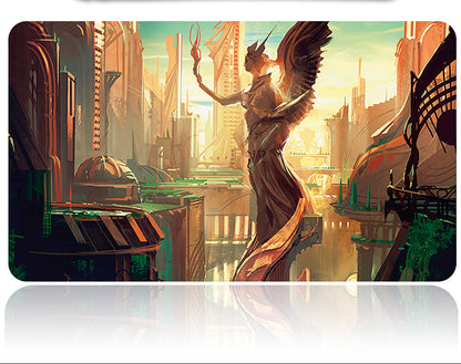 Futuristic cityscape with a winged figure and a stylus on a white background
