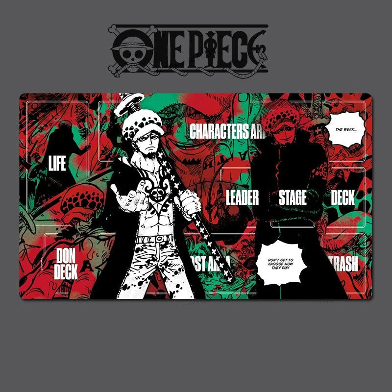 A rectangular One Piece themed desk mat or playmat featuring character artwork and text, shown against a dark gray background with the One Piece logo above it.