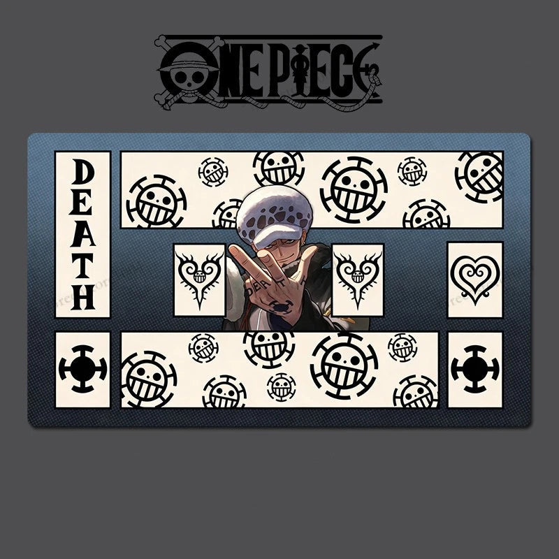 A One Piece themed rectangular mat or plaque featuring the character Death with a peace sign, surrounded by black and white One Piece skull-and-crossbones motifs and the word 'DEATH' on the left. The One Piece logo appears above on a dark gray background.