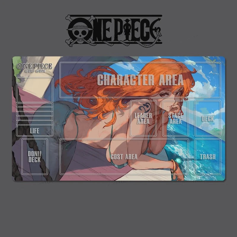 Card game mat with 'One Piece' character design on a gray background