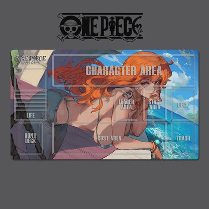 Card game mat with 'One Piece' character design on a gray background