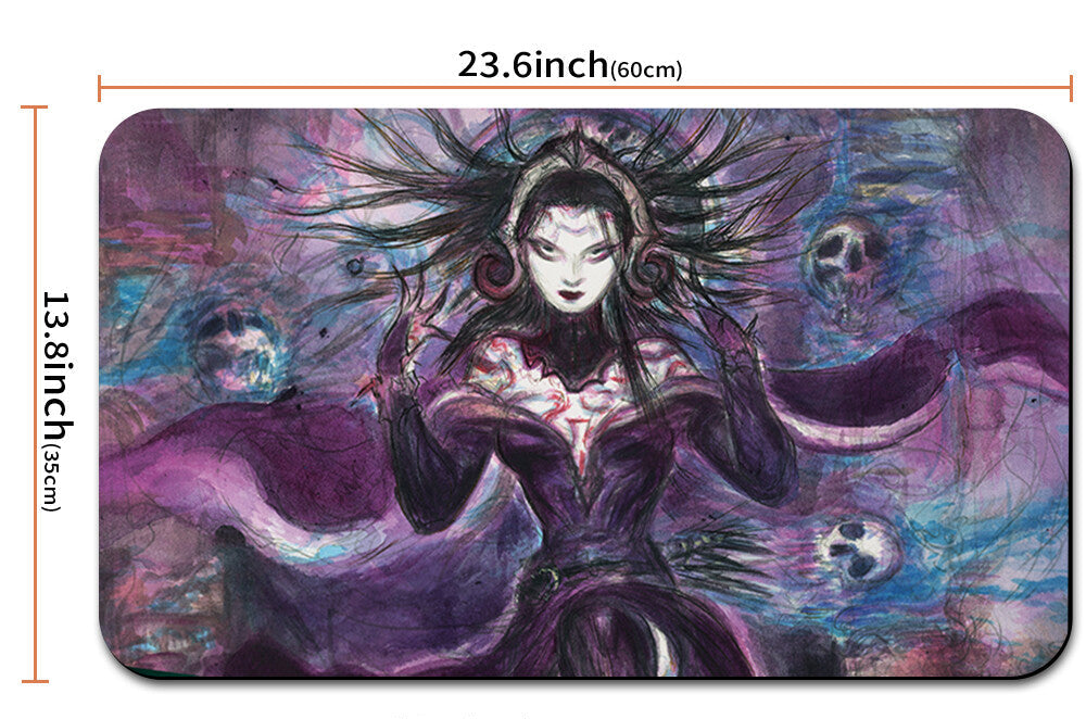 Mouse pad with artistic design of a character, dimensions indicated, and a strap at the bottom.