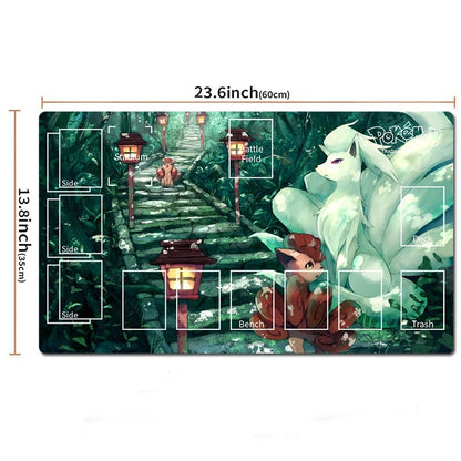 A rectangular Pokémon-themed desk mat or mouse pad shown on a white background with dimension lines indicating 23.6 inches by 13.
