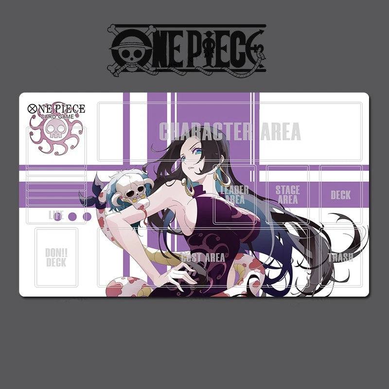 A One Piece themed acrylic standee or display card featuring character artwork, shown on a dark gray background with the One Piece logo above it. The card has a white base with purple panels and anime-style illustrations of characters.
