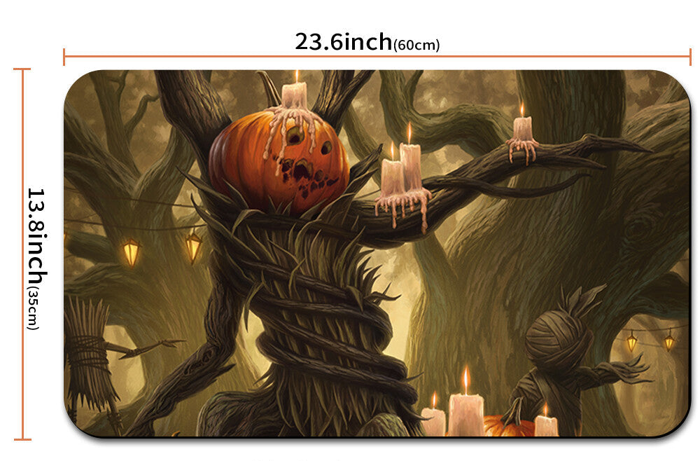 Halloween-themed doormat with a tree, pumpkin, and candles, shown with measurements and a drawstring bag.