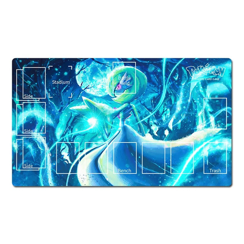 A rectangular gaming playmat featuring a vibrant blue and teal illustration of a Pokémon character with glowing eyes and swirling energy effects. White layout templates for game positions are printed on the mat, including Side, Bench, Trash, and Battle Spot.