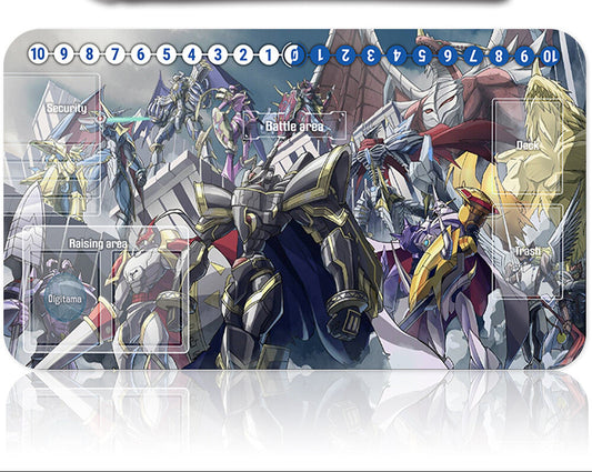 Toy figure packaging with multiple robot-like characters and a tool on a white background