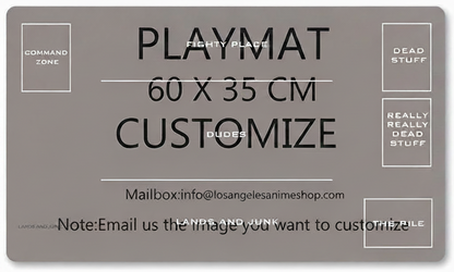 Gray playmat with text and branding information on a gray background
