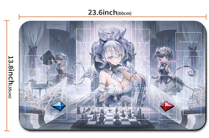 Anime character mouse pad with dimensions and a carrying strap shown.