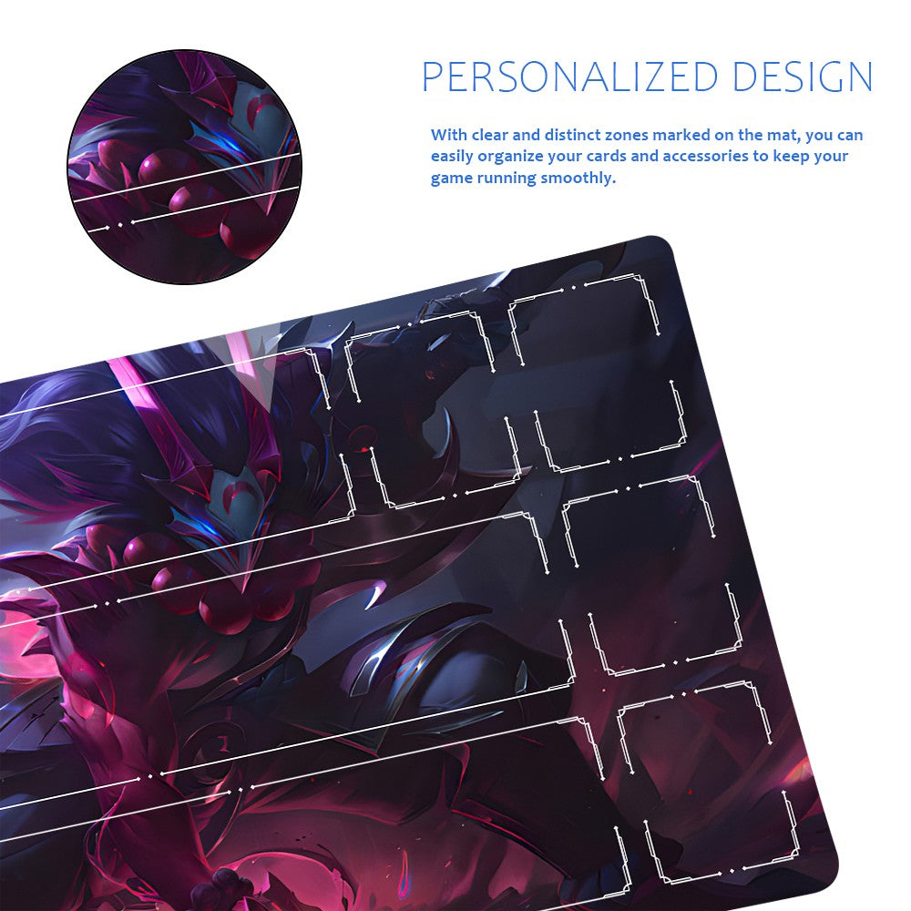 A personalized gaming mouse pad with fantasy character artwork, featuring white printed guide lines and a circular inset showing a close-up of the printed design. Text on the image reads 'PERSONALIZED DESIGN' and explains the clear distinct zones on the mat.