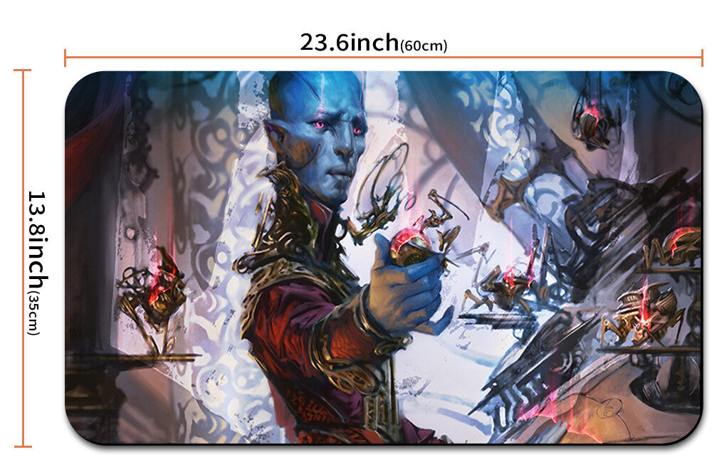 Mouse pad with fantasy-themed design and measurements, including a carrying strap.