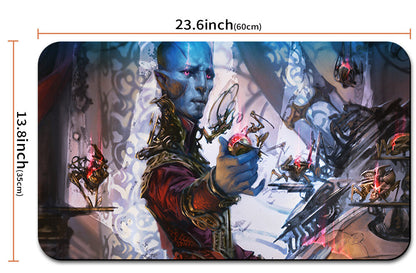 Mouse pad with fantasy-themed design and measurements, including a carrying strap.