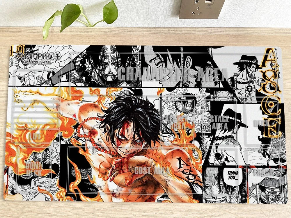 Anime-themed mouse pad with character illustrations on a wooden surface.