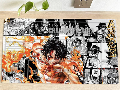 Anime-themed mouse pad with character illustrations on a wooden surface.
