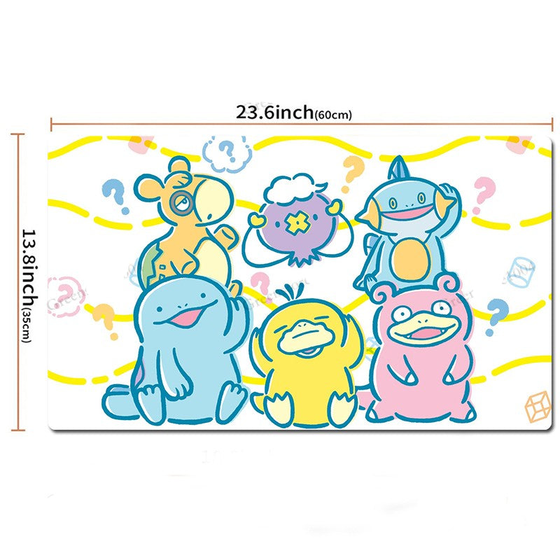 A rectangular printed mat or poster featuring six cartoon Pokémon characters on a white background with yellow wavy lines and question marks. Black dimension lines and text show the size as 23.