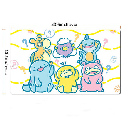 A rectangular printed mat or poster featuring six cartoon Pokémon characters on a white background with yellow wavy lines and question marks. Black dimension lines and text show the size as 23.
