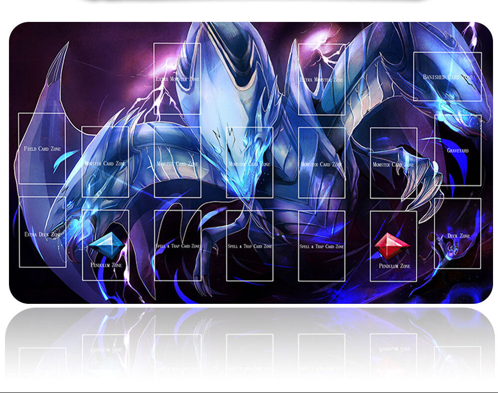 Large gaming mouse pad with dragon design and pen on a white background