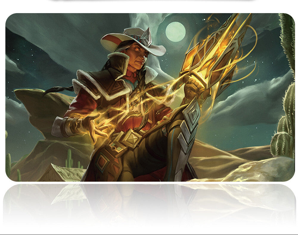 Card with a fantasy character holding a glowing weapon against a desert landscape