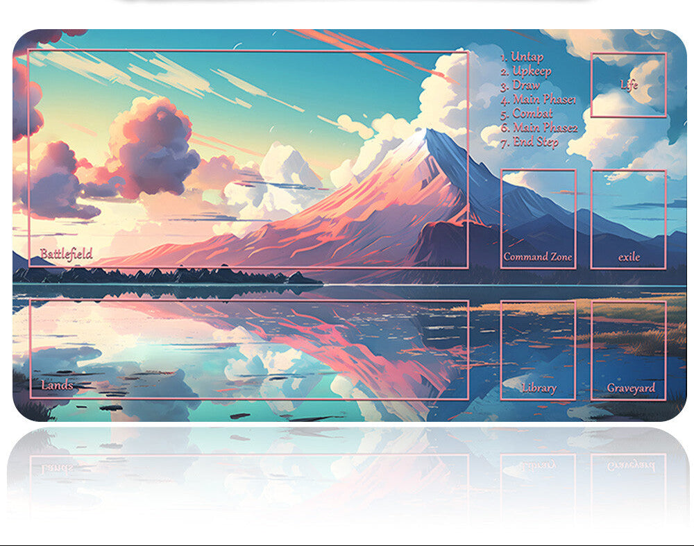 Desk mat with mountain and cloud design, featuring a pen holder on a white background