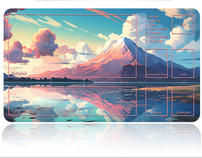 Desk mat with mountain and cloud design, featuring a pen holder on a white background