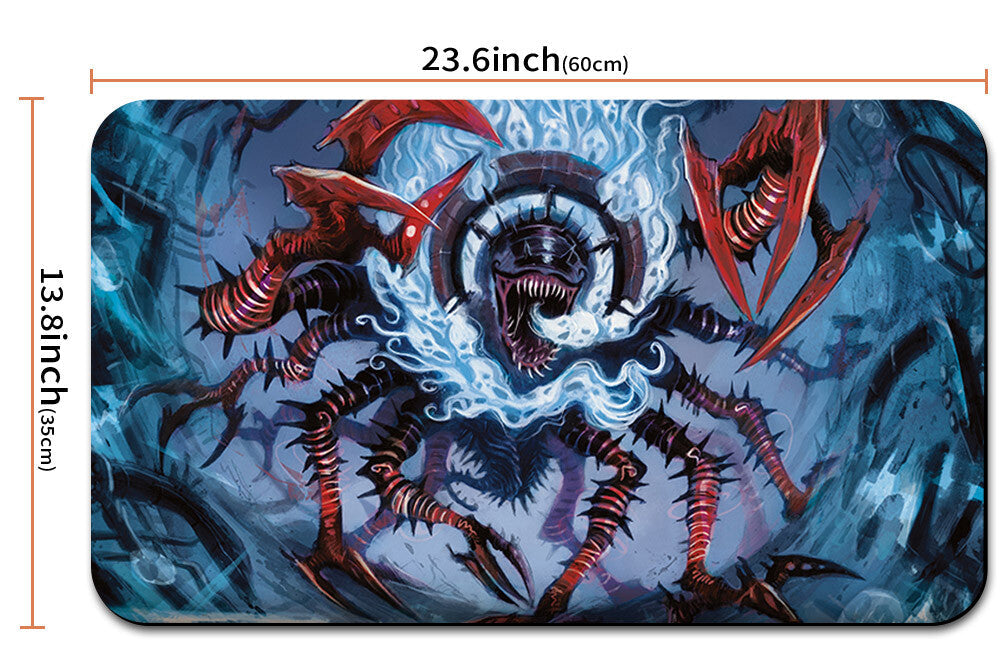 Mouse pad with dragon design and measurements, including a carrying bag.
