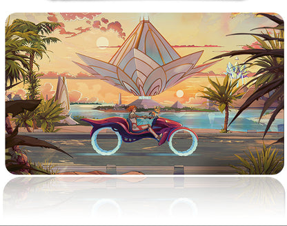 Futuristic landscape with a spaceship and a vehicle on a reflective surface