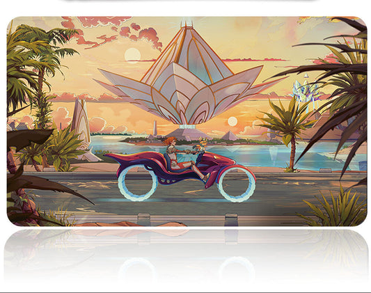 Futuristic landscape with a spaceship and a vehicle on a reflective surface