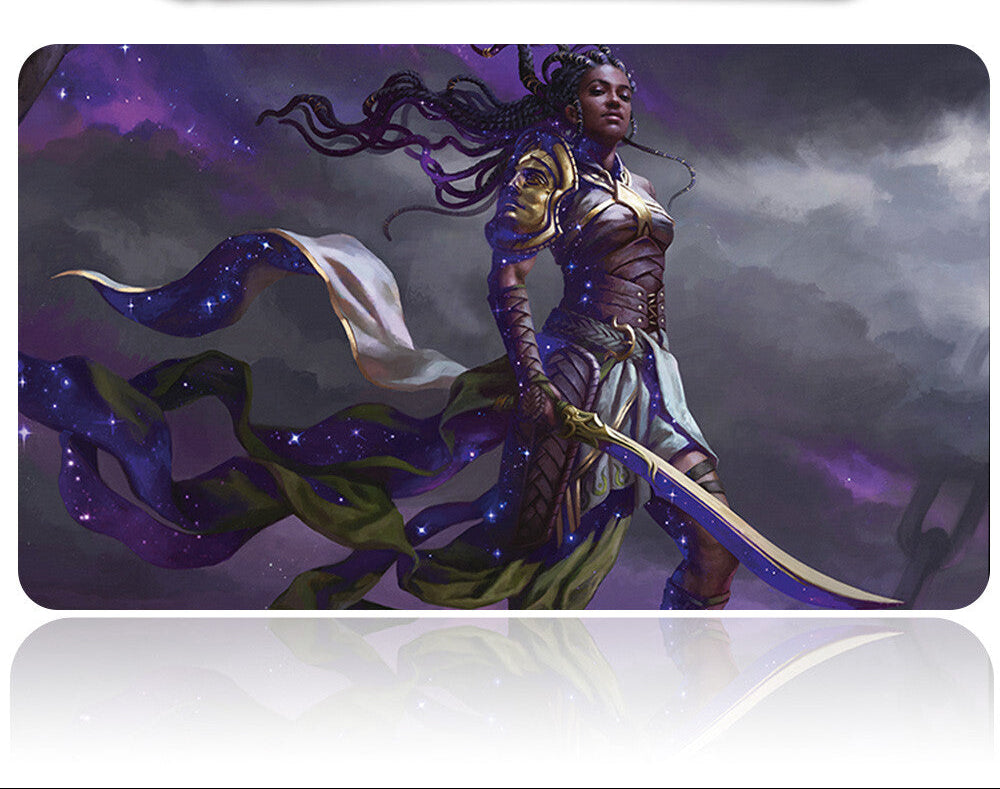 Futuristic sword with a purple and gold warrior design on a dark background