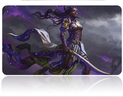 Futuristic sword with a purple and gold warrior design on a dark background