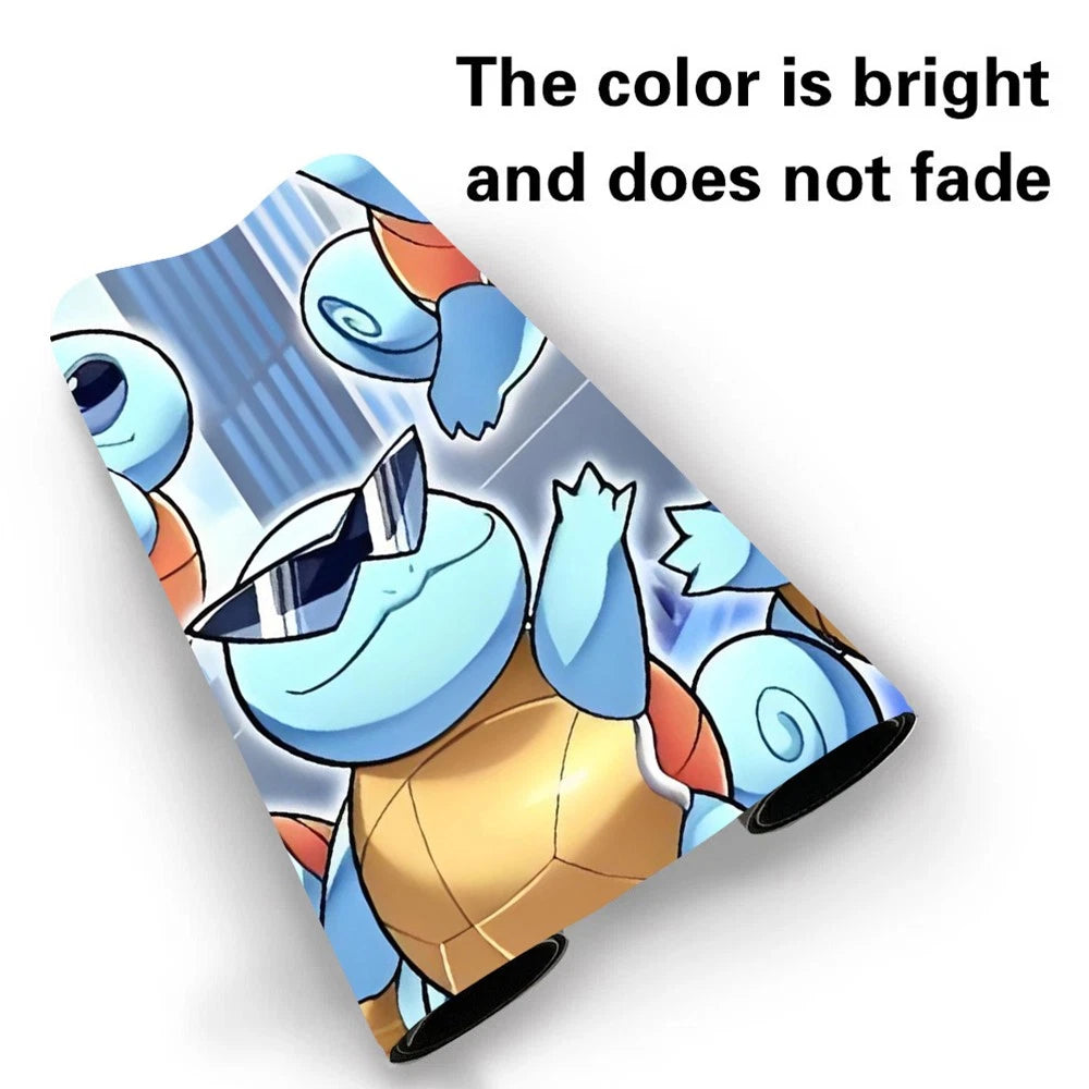 A phone case featuring a cartoon illustration of Squirtle wearing sunglasses, with text at the top reading 'The color is bright and does not fade' on a white background.
