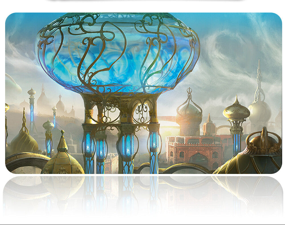 Fantasy scene with a large blue lamp and architectural elements on a white background