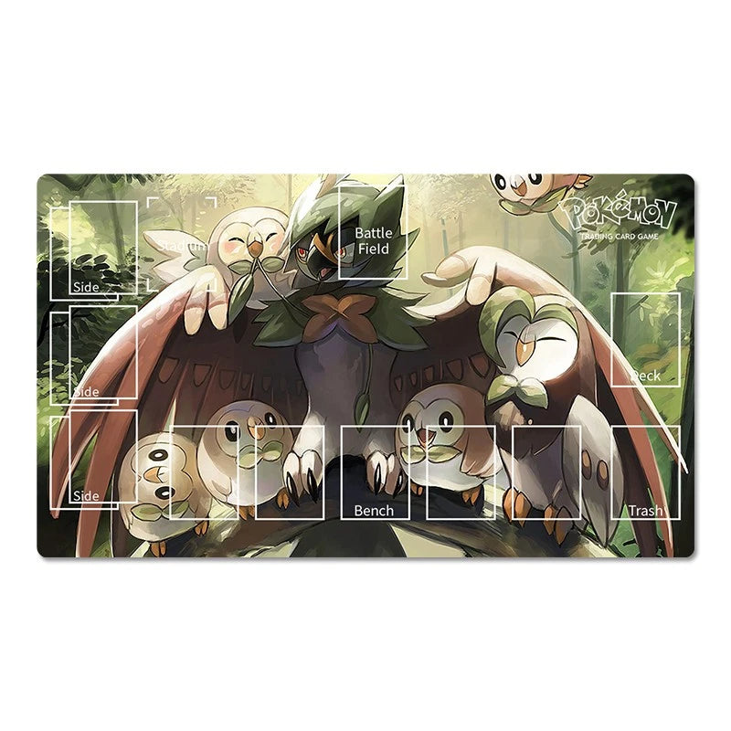 Pokémon-themed playmat with character design on a white background
