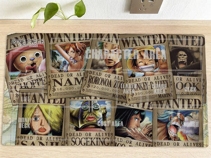 Wanted posters with animated characters on a wooden surface