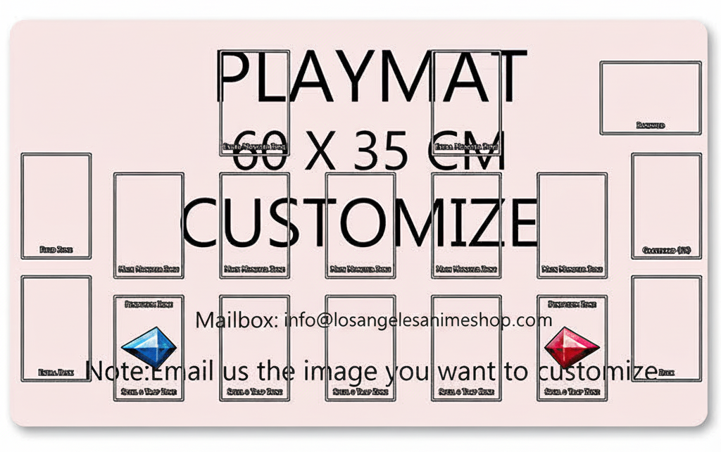 Pink playmat template with customizable design areas and text.