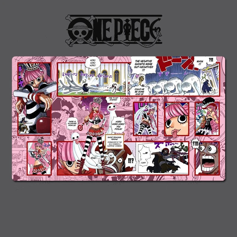 Collage of anime-style illustrations with 'One Piece' branding on a gray background