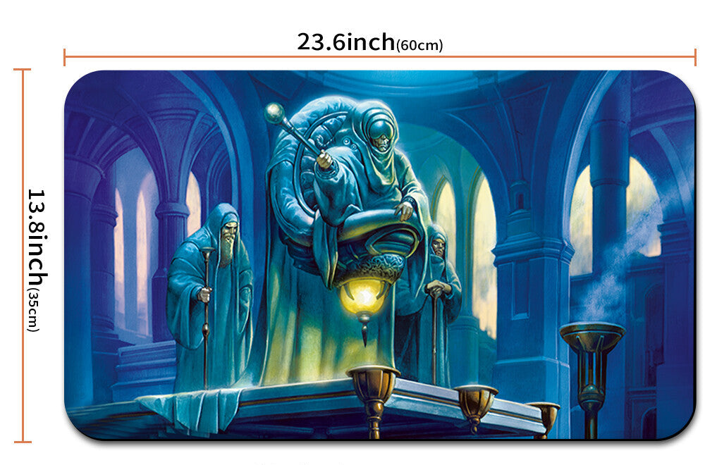 Fantasy-themed mouse pad with measurements and a carrying strap.