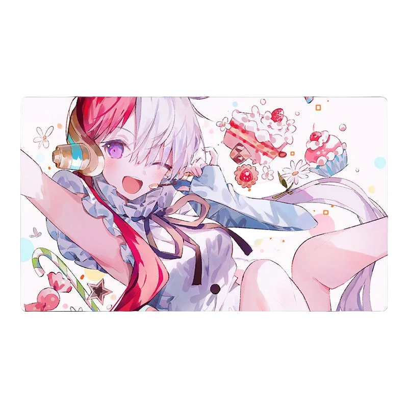 Colorful anime-style character with pink hair and a white outfit, surrounded by decorative elements.