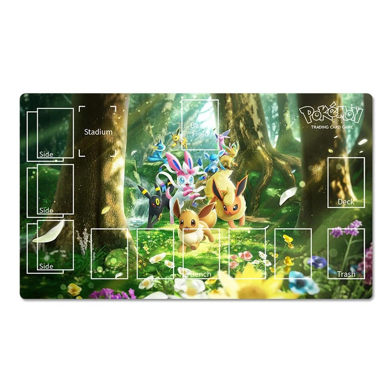 A rectangular Pokémon Trading Card Game playmat with a vibrant forest illustration featuring Eevee, Eevee's forms, and other Pokémon. The playmat includes printed white outlines for game zones such as Stadium, Deck, Side, Bench, and Trash.