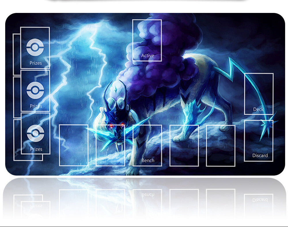 Pokémon trading card game mat with a dragon-like creature design and card holder.