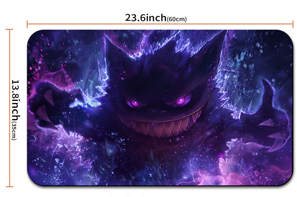 Gaming mouse pad with a purple monster design and measurements, including a carrying case.