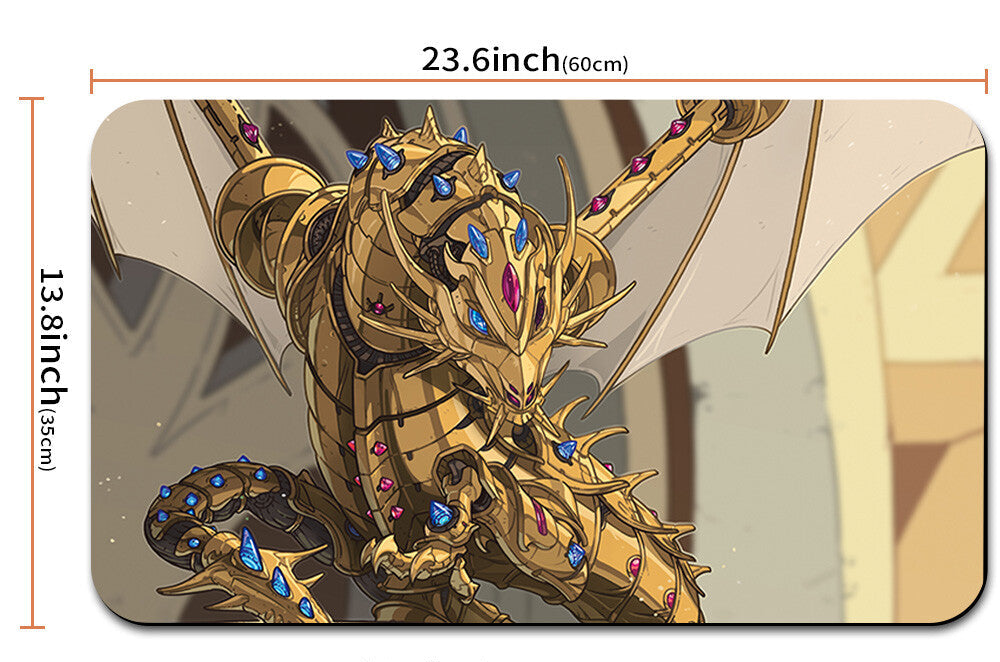 Gold dragon figurine with measurements and a display bag on a white background
