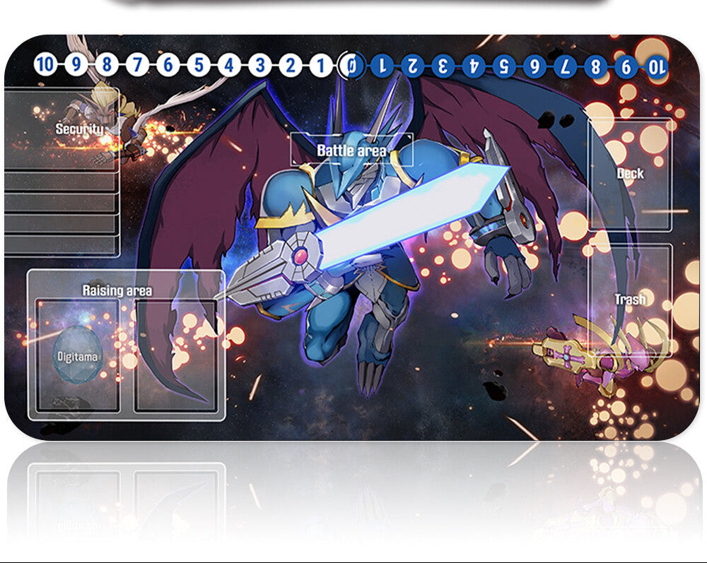 Pokémon trading card game playmat with character design and card holder on a white background