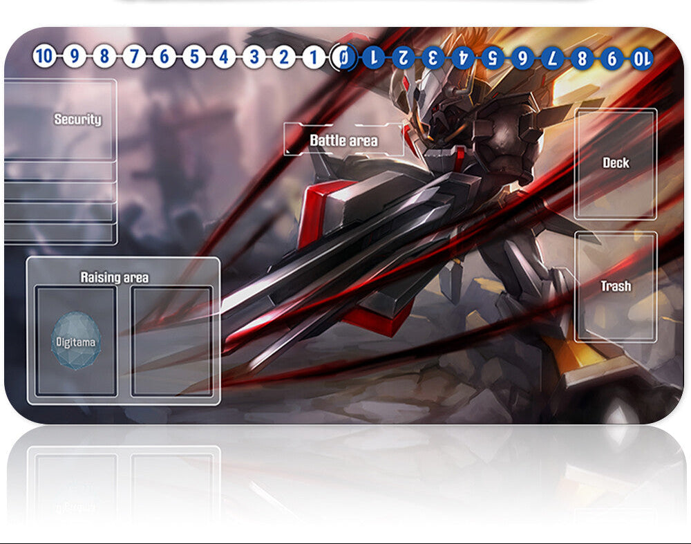 Card game mat with character design and card layout indicators, featuring a sword and armor.