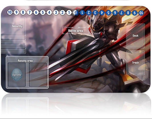 Card game mat with character design and card layout indicators, featuring a sword and armor.