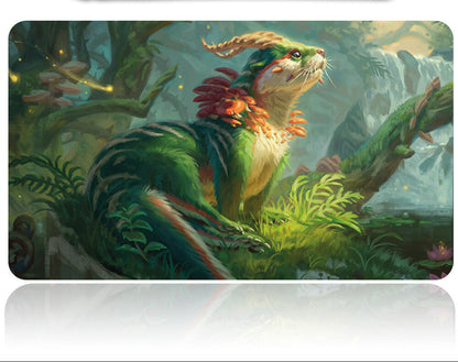 Fantasy creature in a forest setting with a metal tool on a white background